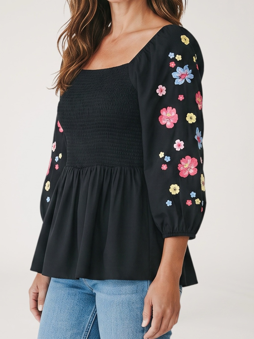 Savanna Jane Floral Embroidered Puff Sleeve Square Neck Smocked Bodice Top Large
